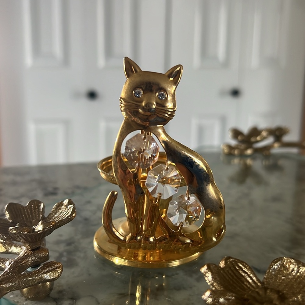 24K Gold Plated Cat Crystal Creations Candlestick Holder Decor